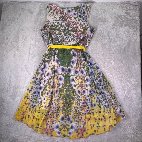 Rabbit Rabbit Rabbit Designs Women's Sleeveless Floral Dress 14 Yellow Belt Line - Picture 3 of 10